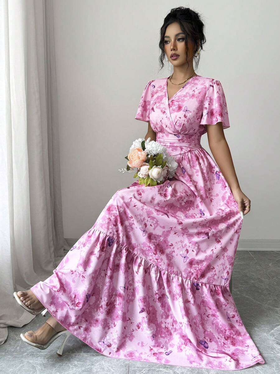 Elenzga Robe longue évasée à taille cintrée, col V, manches courtes, motif floral rose. Convient pour les sorties, les tenues décontractées, les vacances, la plage. Style mature et léger, pour le port quotidien, les anniversaires, les mariages, les nouvelles robes d'été, les tenues de bureau élégantes. - Multicolore - Voir 1