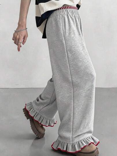 FRIFUL Women's Casual Everyday Commute Contrast Lettuce Trim Ruffle Hem Loose Pants