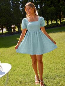 KARISMINA Women's Solid Color Square Neck Short Sleeve Elegant Dress, Spring/Summer,Dresses For Women Summer - Mint Green - View 4