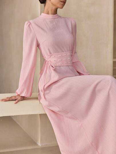Graceveil Vestido largo con diseño de cintura y decoración de perlas, mangas de pétalos en color rosa claro para estilizar la figura de la mujer