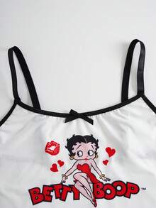 Betty Boop x SHEIN Plus Size Letter & Cartoon Character Print Camisole And Panty Lingerie Set - Black and White - View 3