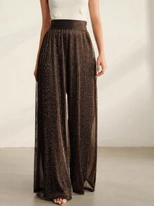 Anewsta Women's Shiny Pleated High-Waisted Loose Black Metallic Flare Pants, Suitable For Commuting, Dating, Parties And Daily Wear - Black - View 7