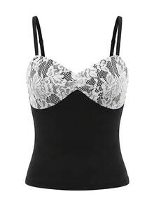 Rina Fox Women's Fashionable Delicate Lace Camisole, Suitable For Dates And Vacations - Black - View 1