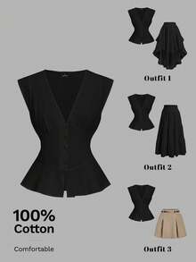 SHEIN MOD Women's Versatile Button Pleated Blouse, Suitable For Daily Wear And Travel,Summer Top - Black - View 1