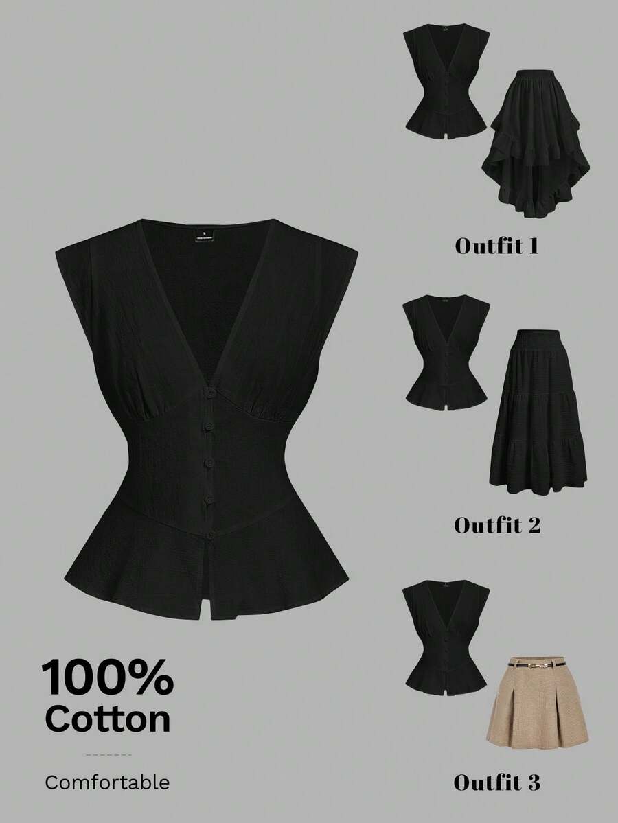 SHEIN MOD Áo sơ mi nữ xếp ly cài cúc đa năng, phù hợp cho mặc hàng ngày và du lịch. - màu đen - Xem 1