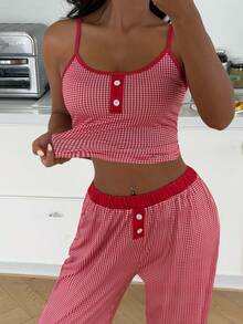 ZzzCrew Summer Decorative Button Striped Print Bodycon Knit Camisole & Pants Set, Sexy Style - Red - View 2