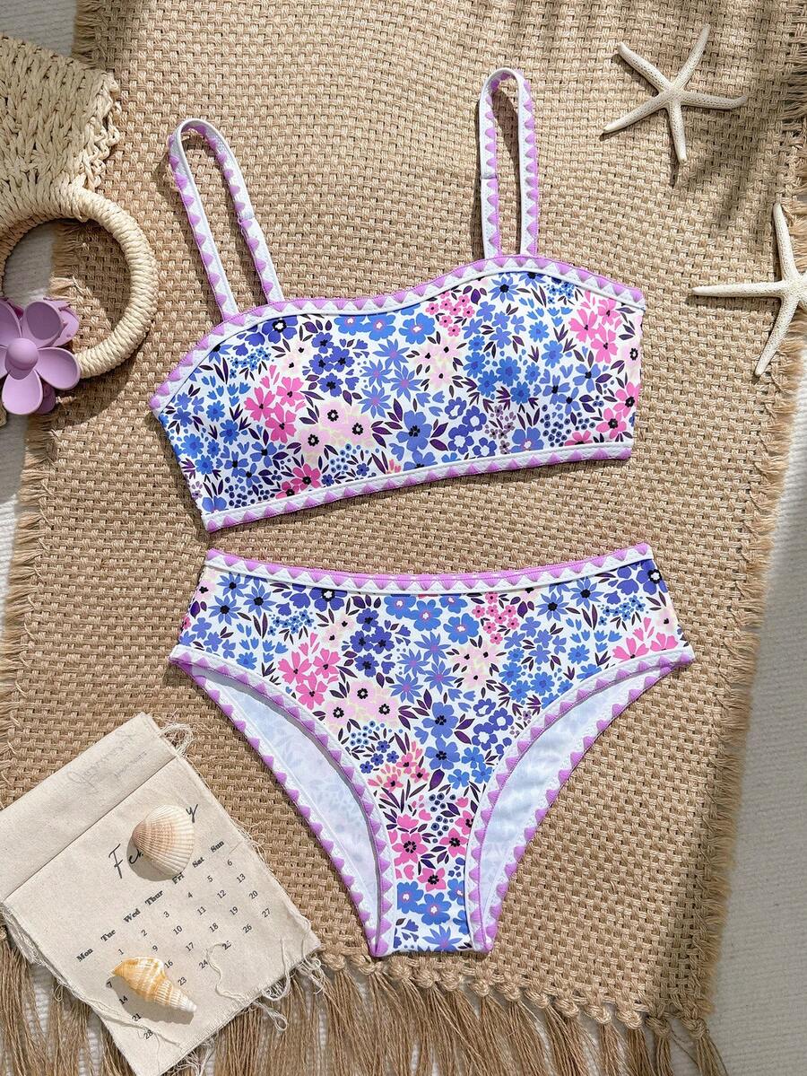 SHEIN Bộ bikini quây họa tiết hoa nhí cho bé gái tuổi teen, đồ bơi trẻ em màu xanh và tím tươi tắn với họa tiết hoa, bộ hai mảnh, thân thiện với da, nhanh khô, chống nắng, đồ bơi ngọt ngào cho bé gái trong kỳ nghỉ hè ở bãi biển và hồ bơi. Bộ bikini cho bé gái tuổi teen, đồ bơi hai mảnh cho bé gái tuổi teen, đồ bơi cho thiếu niên, bộ bikini hai mảnh cho bé gái tuổi teen, bộ bikini cho tuổi teen. - Màu tím - Xem 1