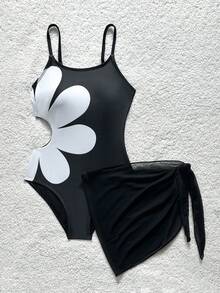 SHEIN 少女碎花镂空连体泳衣罩衫带裙 - 黑與白 - 查看 8