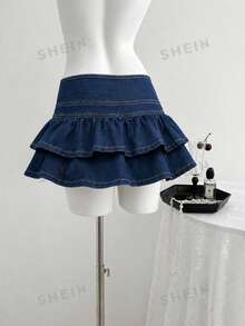 SHEIN Tall Tall Women's Fashion Ruffle Hem Denim Mini Skirt - Dark Wash - View 2
