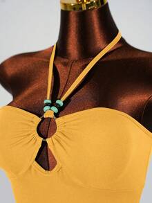 Lyxana Setelan Liburan Seksi Elegan, Atasan Model Halter Neck dengan Tali dan Rok 2 Potong - Kuning - View 4