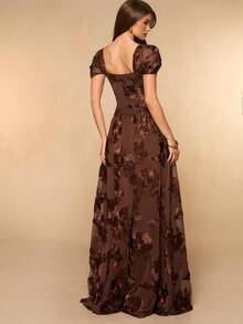 SHEIN BAE Gaun Elegan Lengan Pendek Jacquard Bertekstur Cokelat Polos, Musim Semi/Panas - Coklat - View 2