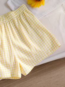 2pcs/Set Tween Girls Casual Striped Loose Shorts, Suitable For Spring/Summer Beach, Vacation, Home Wear - Yellow - View 4