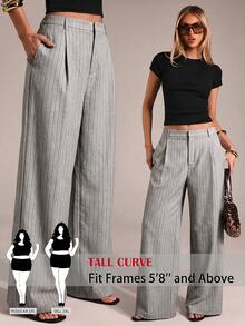 SHEIN Tall CURVE 大码女式条纹褶皱阔腿宽松裤 - 灰色 - 查看 1