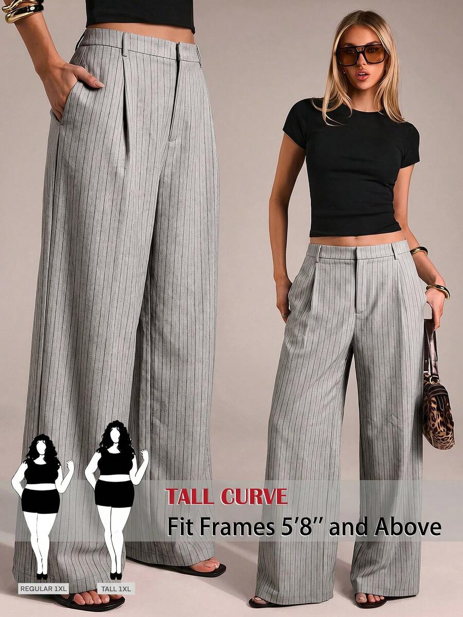 SHEIN Tall CURVE 大码女式条纹褶皱阔腿宽松裤 - 灰色 - 查看 1