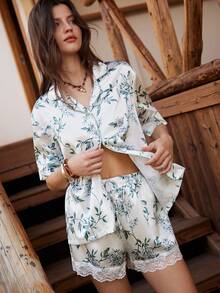 Lullawish Bohemian Style Floral Print Lace Patchwork Lapel Cardigan Pajama Set For Women - Multicolor - View 3