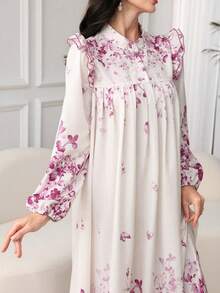 SHEIN Najma 褶皱花卉图案优雅连衣裙配头巾 - 粉色 - 查看 7