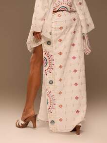 MUSERA Falda maxi asimétrica con detalles de lentejuelas de lino, para verano, vacaciones en la playa, sexy, linda, bohemia, viajes y festivales - Blanco - Ver 4