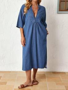 EMERY ROSE Women's Solid Color Drop Shoulder Short Sleeve Half-Placket Pleated Loose Denim Dress, Autumn Holiday Vacation Blue Boho - Blue - View 3
