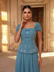 Aureia Elegant Green Evening Gown Luxurious 3D Rhinestone Embellished Chiffon A-Line Mini Sleeve Dress For Weddings Singles Parties Back-To-School - Blue - View 6