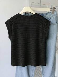 Girlism 少女纹理圆领短袖休闲T恤，简约家居休闲服 - 黑色 - 查看 2