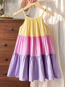 Young Girl Vacation Casual Street Chic Halter A-Line Color Block Splice Dress, Suitable For Vacation, Beach, Seaside - Multicolor - View 2