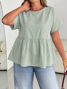 SHEIN Essnce 大码女装春夏时尚休闲宽松舒适清爽日常百搭显瘦蓝色条纹短袖衬衫，女式衬衫，夏季穿搭，简约风格，凸显曲线的可爱服装 - 綠色 - 查看 6