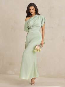 SHEIN Tall 女士纯色不对称褶皱短袖优雅连衣裙 - 灰綠 - 查看 1
