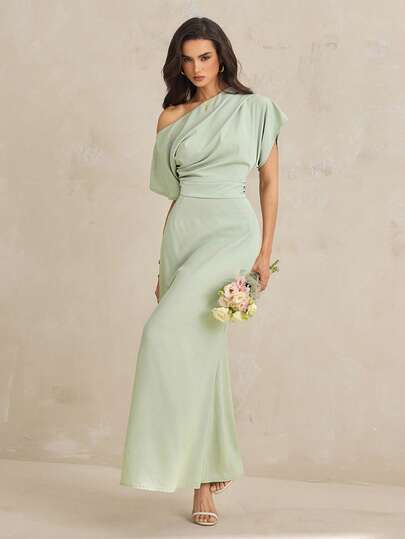 SHEIN Tall Women's Solid Color Asymmetric Pleated Design Short Sleeve Elegant Dress