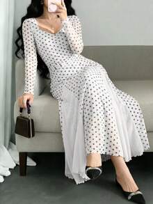 Modelyn 杏色波点网纱荷叶边长袖撞色网纱露背系带优雅中长连衣裙 - 白色 - 查看 5