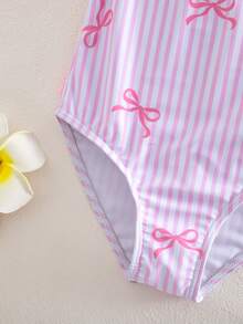 SHEIN 女童蝴蝶结装饰荷叶袖连体泳衣 - 粉色 - 查看 6