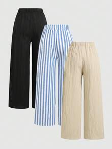 SHEIN Bộ đồ 3 món cho bé gái tuổi teen, kiểu dáng thường ngày, màu trơn và kẻ sọc, bao gồm quần ống rộng có túi và thắt eo, thích hợp cho mùa xuân/hè, đi nghỉ mát, dạo phố và đi học. - Màu xanh lam - Xem 2