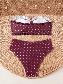 SHEIN Swim Bộ bikini dây rút mùa hè dễ thương dành cho nữ, họa tiết hoa, viền bèo nhún, kèm mặt dây chuyền ngọc trai tinh tế, thích hợp cho kỳ nghỉ biển. - Nhiều màu - Xem 2