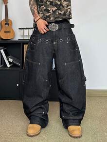 STEELVANCE Jeans casuales rectos y anchos de moda callejera retro para hombres, con diseño de remaches y ojales, de bolsillos múltiples y versátiles - Negro - Ver 1