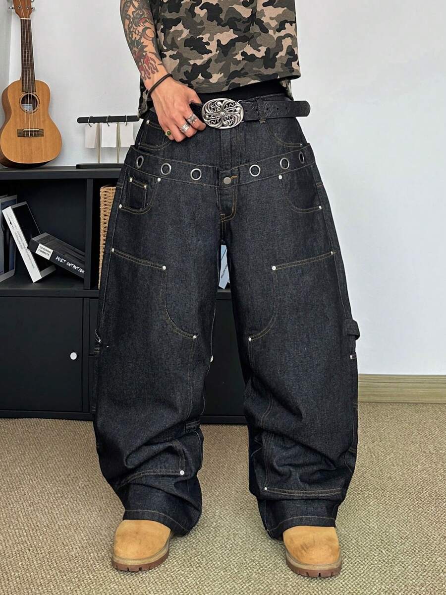 STEELVANCE Jeans casuales rectos y anchos de moda callejera retro para hombres, con diseño de remaches y ojales, de bolsillos múltiples y versátiles - Negro - Ver 1