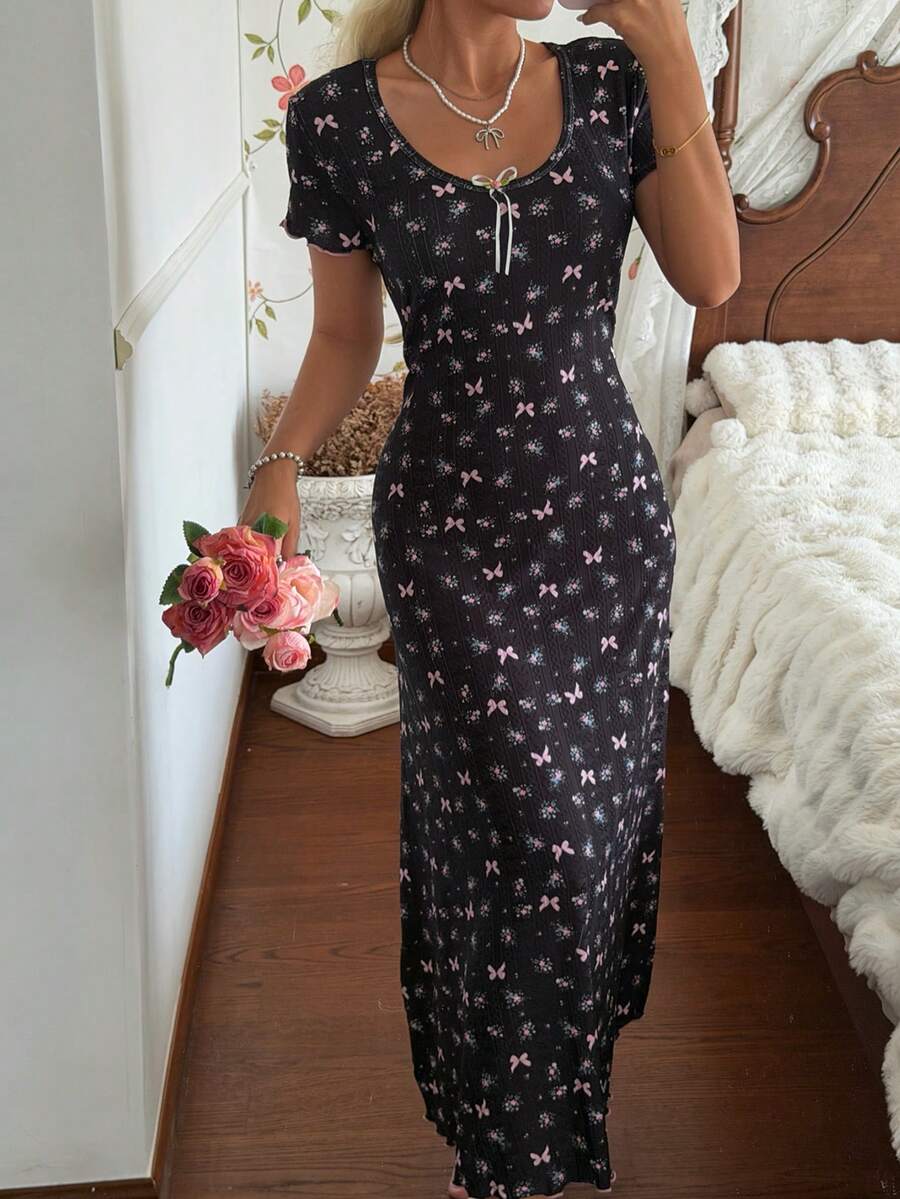 CottageSlumber Floral Bow Decor Fitted Dress For Women - Black - View 1