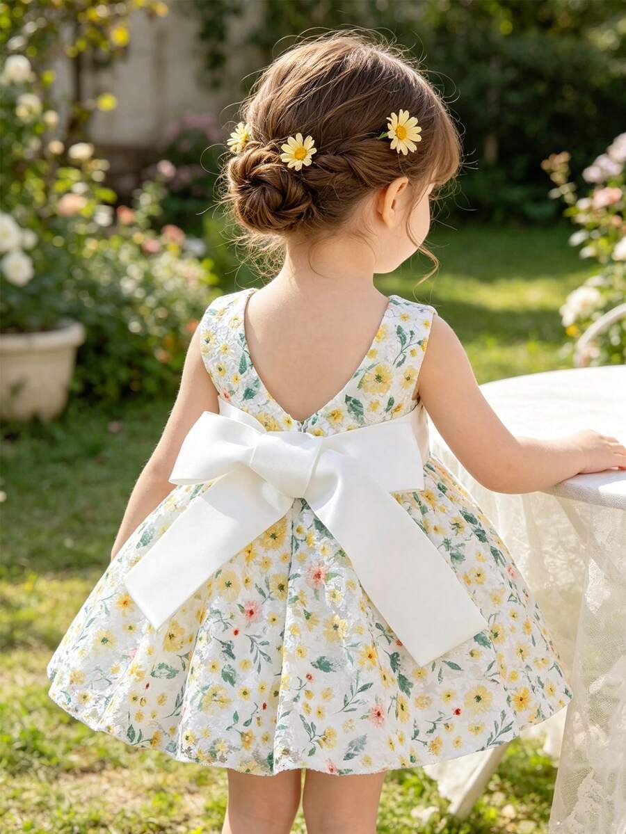 SHEIN Glamorique Kids 女婴碎花连衣裙，婴儿刺绣缎面蝴蝶结连衣裙，V领无袖露背公主裙，适合复活节派对