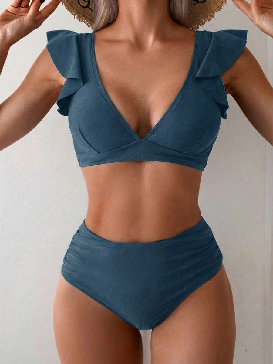 Swim Basics Conjunto de bikini con volantes y escote en V rojo para vacaciones de verano de mujer 2025 - Neblina azul - Ver 1