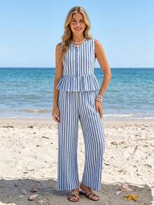 Sylviya Bộ 2 quần dài kẻ sọc bằng cotton dành cho nữ, thích hợp cho kỳ nghỉ hè. - Xanh và trắng - Xem 5