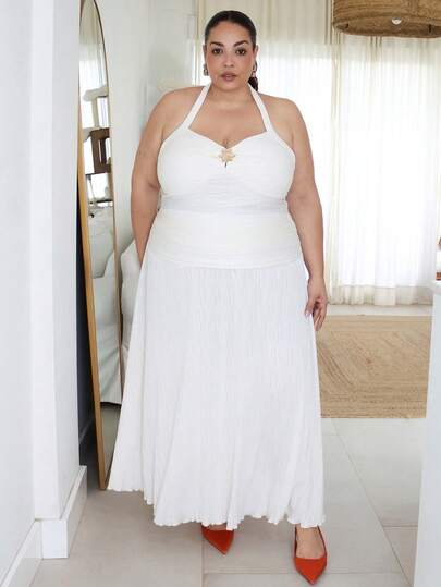 Pretty and Ole Conjunto de 2 piezas de top halter y falda de tela jacquard color albaricoque en talla grande