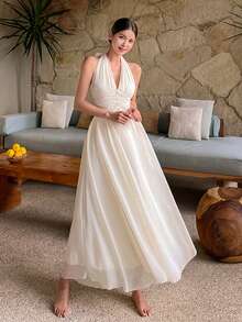 DAZY Robe mi-longue élégante de couleur unie plissée dos nu licou pour femmes, petite taille d'été - Blanc - Voir 1