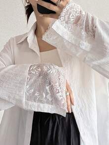 FRIFUL Áo sơ mi nữ tay dài dáng rộng, cài cúc, phối ren tương phản. - trắng - Xem 1