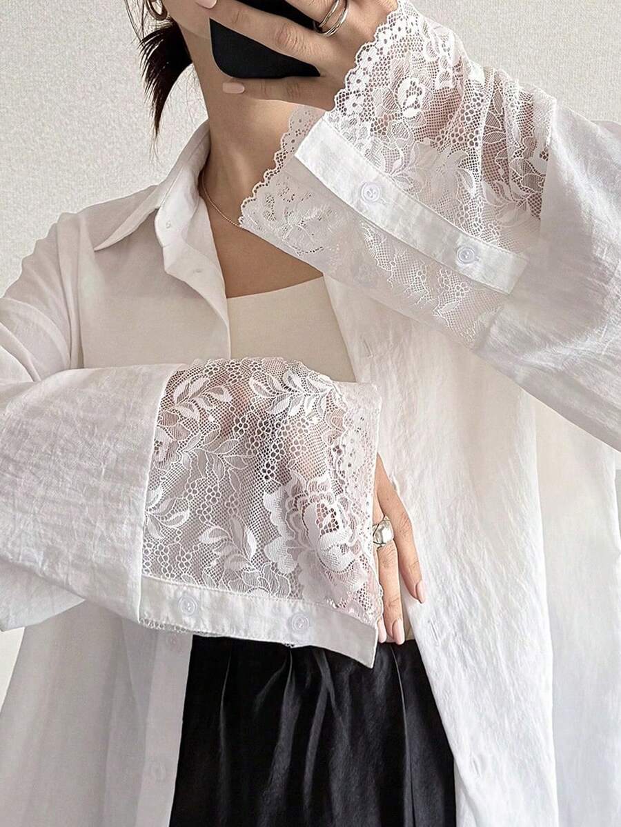 FRIFUL Áo sơ mi nữ tay dài dáng rộng, cài cúc, phối ren tương phản. - trắng - Xem 1
