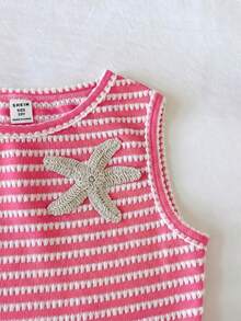 SHEIN Tween Girl Casual Comfortable Round Neck Sleeveless Starfish Decor Striped Tank Top And Shorts 2-Piece Set - Hot Pink - View 6