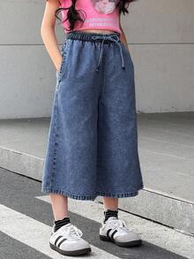SHEIN 少女系带口袋阔腿宽松牛仔裤 - 深色水洗藍 - 查看 4