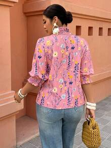 Breezaya Plus Size Women's Casual Vacation Floral Print Ruffle Hem Shirt, Spring/Summer - Multicolor - View 2