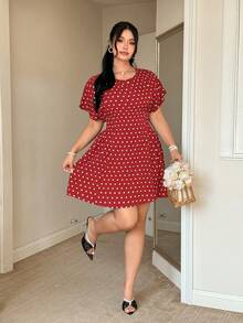 FleurLily Plus Size Elegant Raglan Waist Polka Dot Dress - Red - View 6