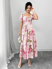 Elenzga 女士优雅春夏方领褶皱短袖荷叶边长裙，饰以小碎花，适合休闲日常、工作、旅行、海滩、波西米亚风、西部风、音乐节、乡村风格等场合。 - 彩色 - 查看 5
