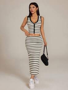 SHEIN PETITE VKing Colorblock Striped Casual Vacation Elegant Street Style Women's 2-Piece Set, Includes Front Button Vest And Side Slit Bodycon Skirt, Spring/Summer - Black - View 6