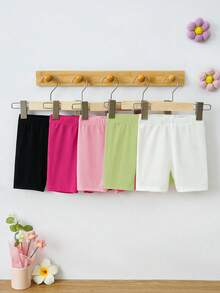 SHEIN Playful Pals 5件装女婴休闲可爱运动短裤打底裤，舒适多色，适合日常穿着，春夏款 - 彩色 - 查看 4