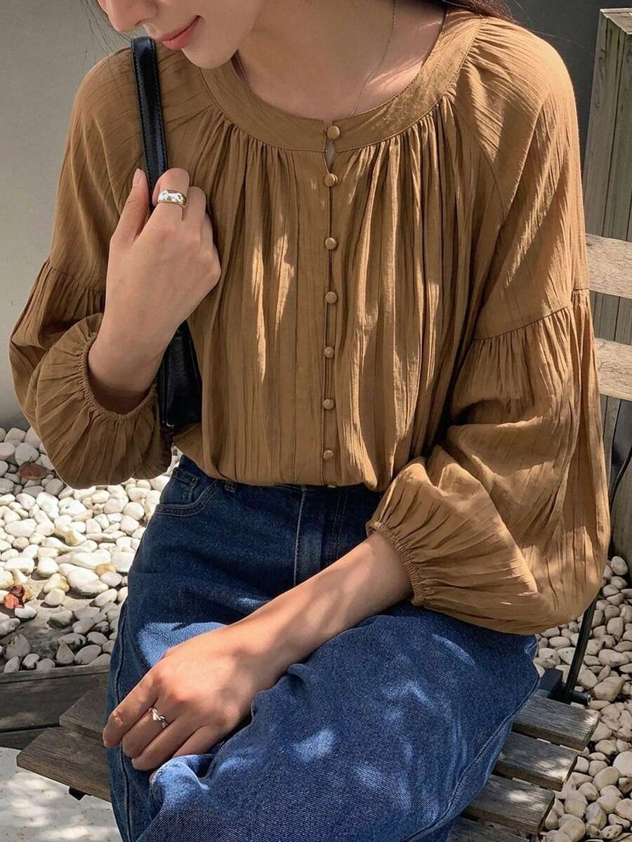 DAZY Áo khoác cardigan dáng rộng dành cho nữ, kiểu áo sơ mi công sở thường ngày theo phong cách đồng phục học sinh. - Cà phê nâu - Xem 1